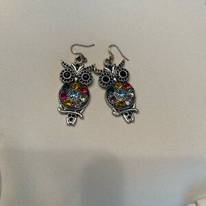 Silver Owl Dangle Earrings with Multicolor Gemstones